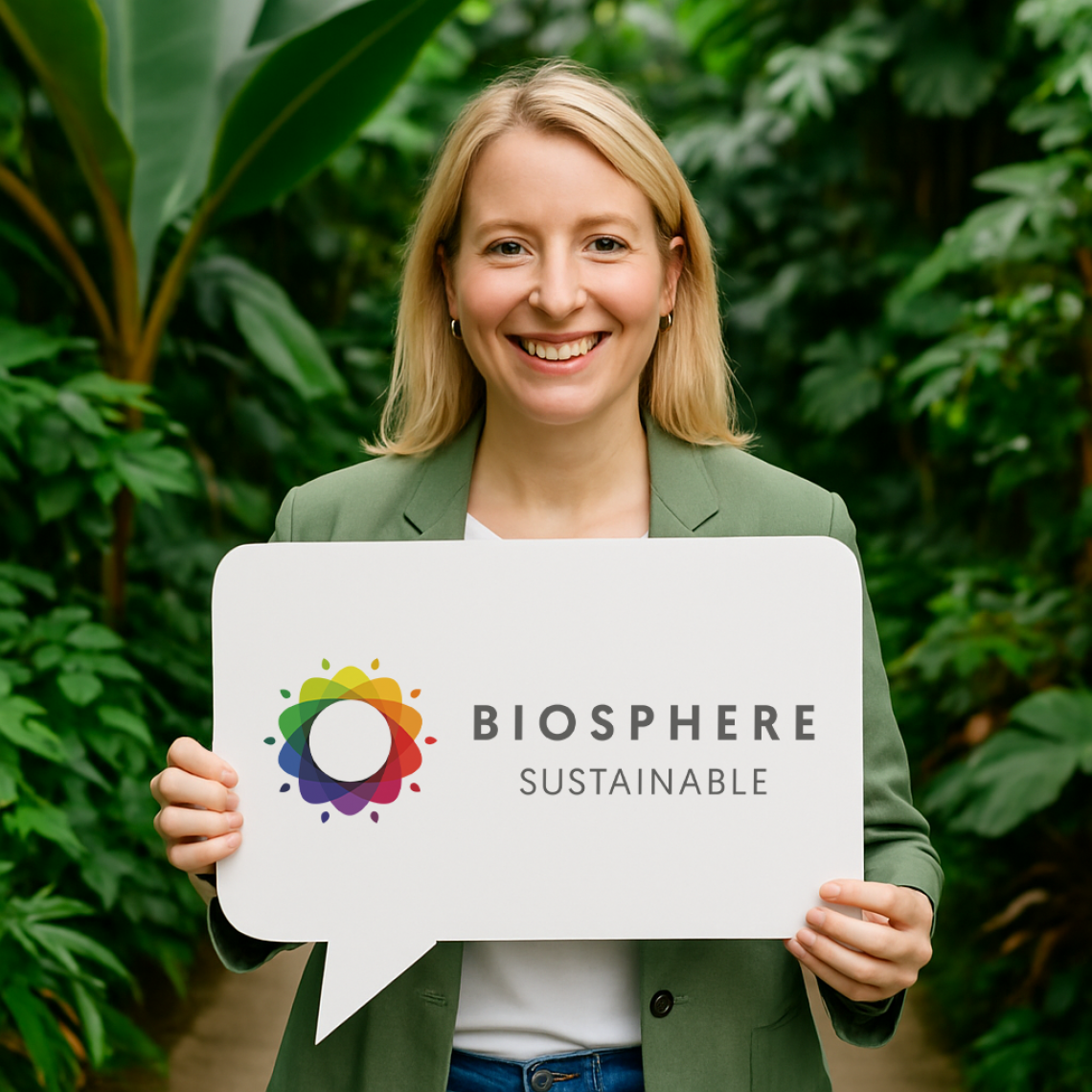 Mujer sosteniendo un cartel de Biosphere